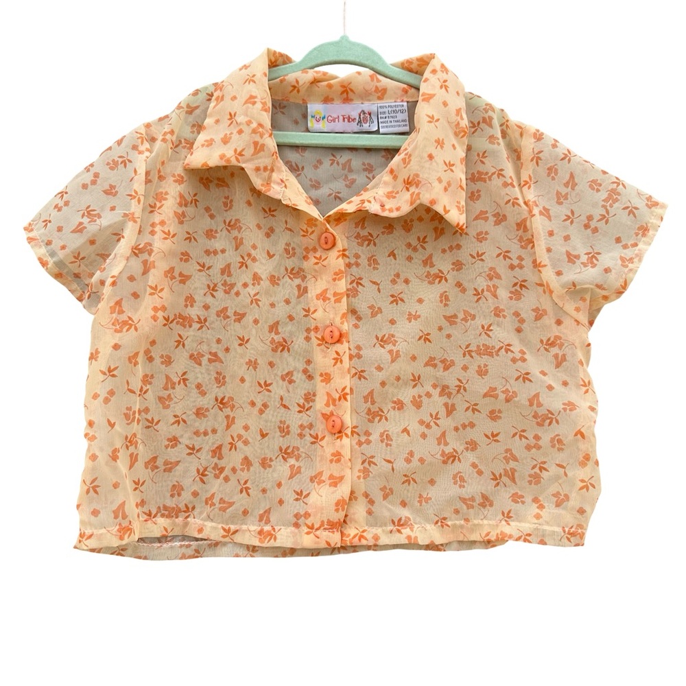 Girl Tribe Vintage Kids Chiffon Orange Floral Collared Button Up Girls S 10/12